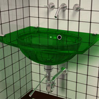 Green glass sink, front view