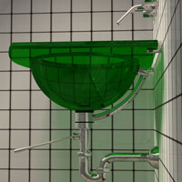 Green glass sink, side view