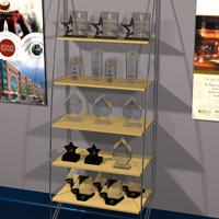 Awards on shelf and posters in loby for corporate self promotion